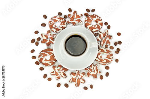 Cup with coffee, beans coffee and biscuits isolated on white background. Top view.
