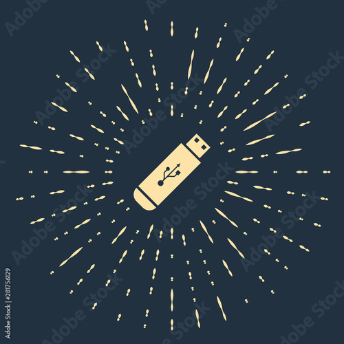 Beige USB flash drive icon isolated on dark blue background. Abstract circle random dots. Vector Illustration