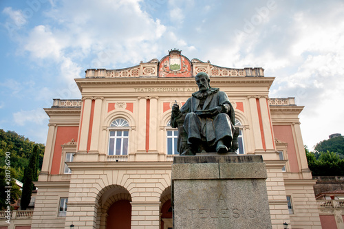 View of Teatro Rendano and Bernardino Telesio statue - Cosenza, Italy