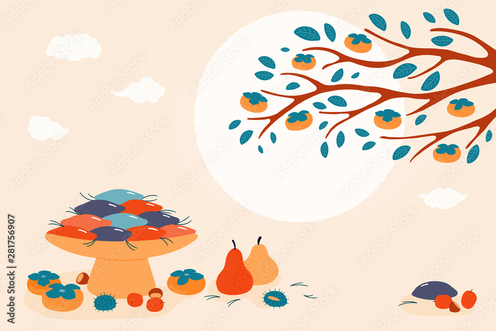 Obraz premium Hand drawn vector illustration for Korean holiday Chuseok, with persimmons, mooncakes, chestnuts, jujube, pears, pine needles, full moon, clouds. Flat style design. Concept for card, poster, banner.