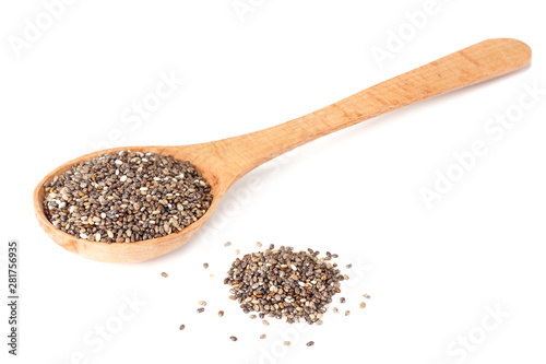 Chia seeds in wooden spoon isolated on white background.