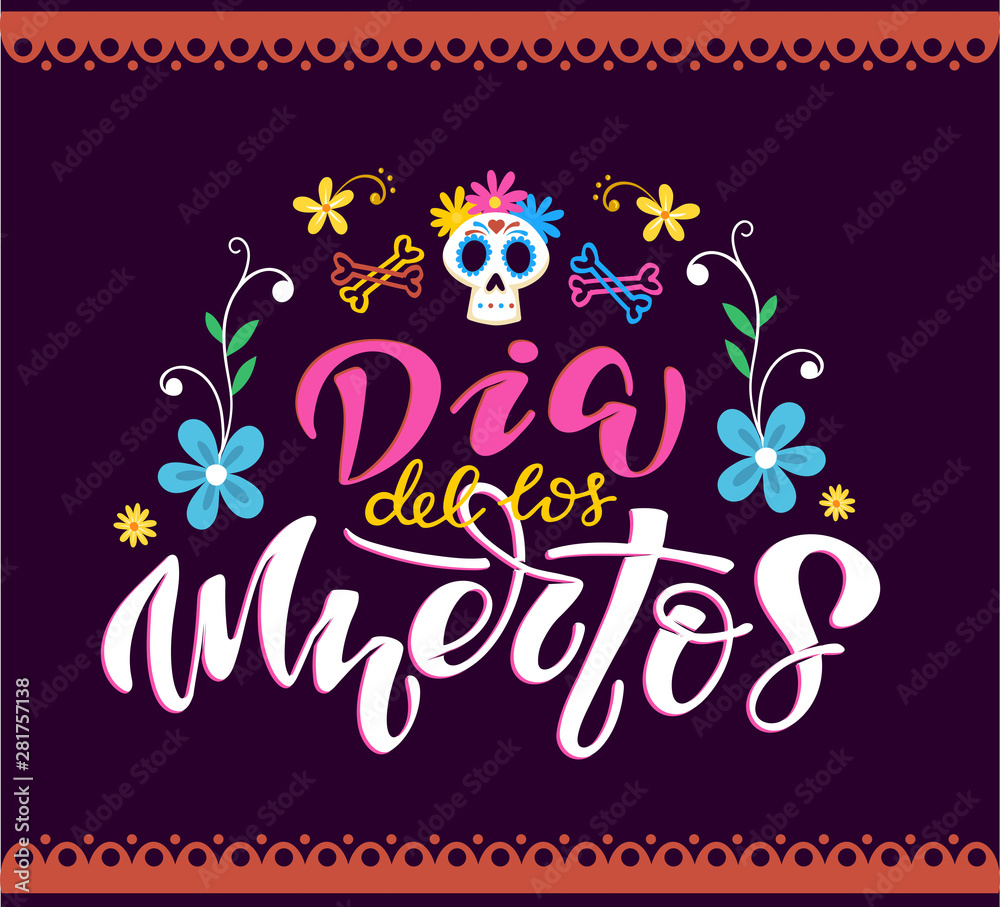 Day of the dead vector illustration set. Hand sketched lettering 'Dia de los Muertos' for postcard or celebration design. Flowers and herbs with hand drawn typography poster.