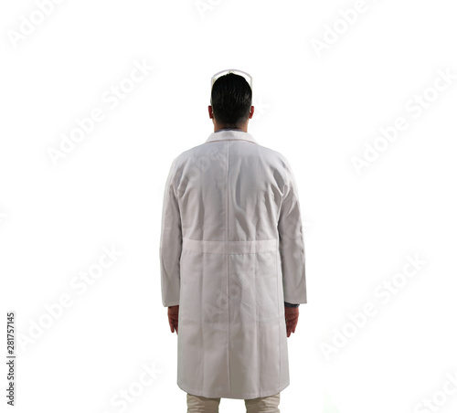 A Scientist Man With Glasses on Head and White Cloth on standing against an empty wall | Back view 