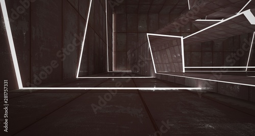 Abstract room interior of sheets rusted metal . Architectural background. 3D illustration and rendering