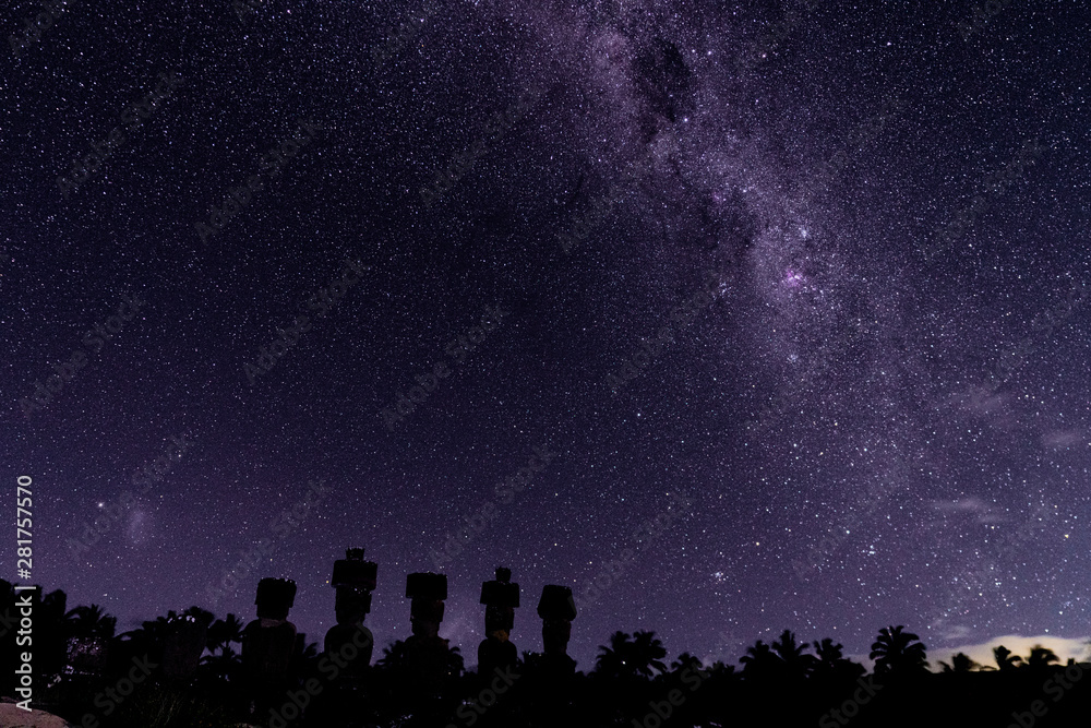 Milky Way Shows Above Moai On Easter Island, Chile.
