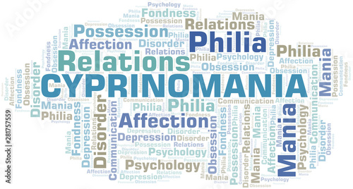 Cyprinomania word cloud. Type of mania, made with text only.