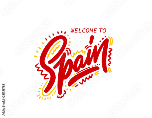 Spain. Name country word text card, banner script. Beautiful typography inscription greeting calligraphy poster black, gold ribbon, star. Handwritten design modern brush lettering isolated vector.