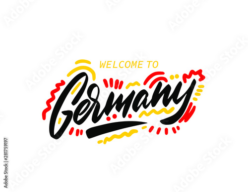 Germany. Name country word text card, banner script. Beautiful typography inscription greeting calligraphy poster black, gold ribbon, star. Handwritten design modern brush lettering isolated vector.
