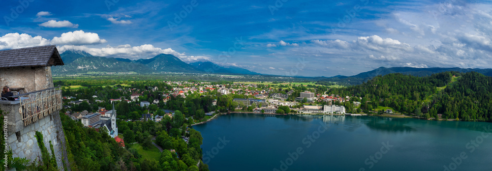 Fototapeta premium View from the castle on the coast of the turquoise lake Bled, Slovenia