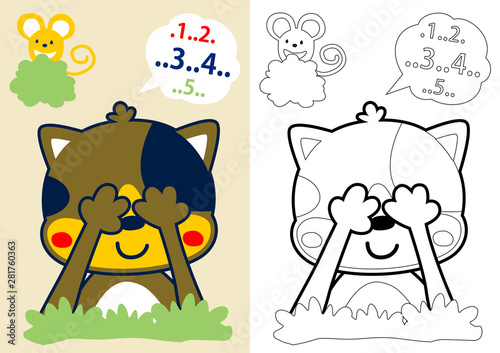 vector cartoon of kitten and mice playing hide and seek, coloring book or page