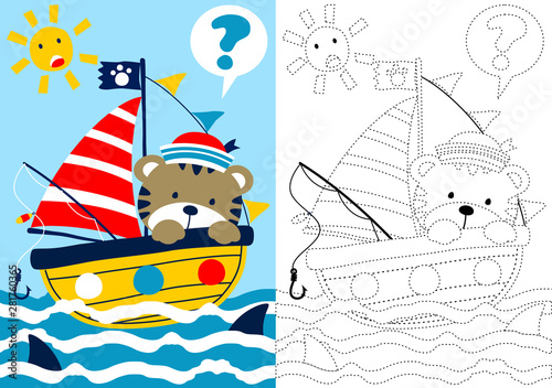 vector cartoon of cat the little fisher under shark attack, coloring book or page