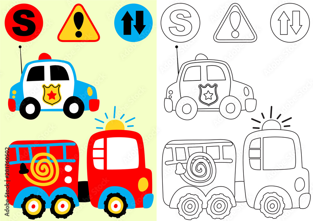 vector cartoon of fire engine and police car with traffic signs ...