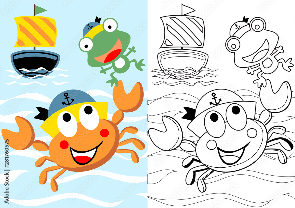vector cartoon of cute crab the skipper with frog his crew, coloring book or page vector cartoon of cute crab the skipper with frog his crew, coloring book or page