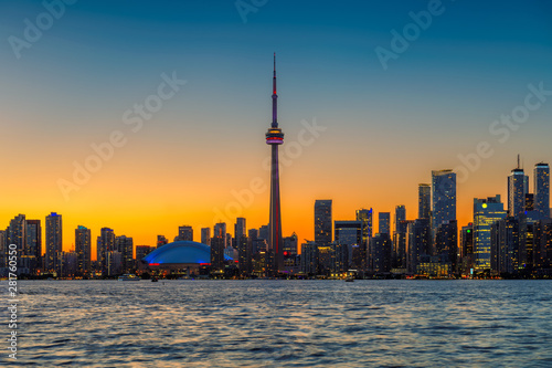 Toronto skyline with CN Tower at sunset in Toronto, Ontario, Canada.