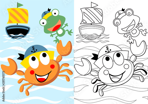 vector cartoon of cute crab the skipper with frog his crew, coloring book or page