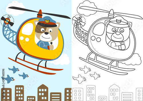 vector cartoon of cat the helicopter pilot, coloring book or page