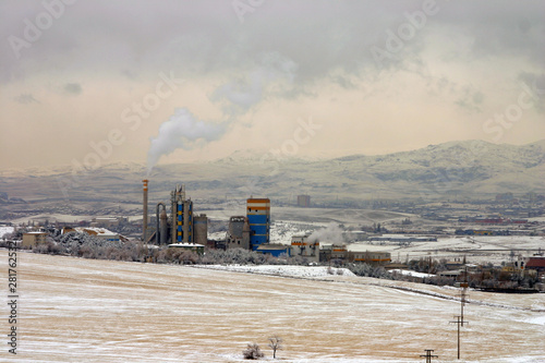 Snow scenery in the industrial zone in Turkey's capital Ankara. Snow landscape, a cement factory and industrial zone.