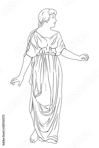 An ancient Greek woman in a tunic and barefoot stands and looks away. Vector image isolated on white background.