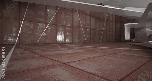 Empty abstract room white interior of sheets rusted metal . Architectural background. 3D illustration and rendering