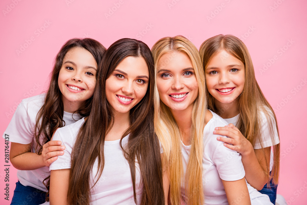 Close-up portrait of nice-looking attractive lovely gorgeous well-groomed shine charming cute sweet cheerful cheery girls bonding idyllic harmony comfort isolated over pink pastel background Close-up portrait of nice-looking attractive lovely gorgeous well-groomed shine charming cute sweet cheerful cheery girls bonding idyllic harmony comfort isolated over pink pastel background