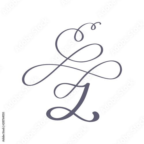 Vector Hand Drawn calligraphic floral Z monogram or logo. Uppercase Hand Lettering Letter z with swirls and curl. Wedding Floral Design