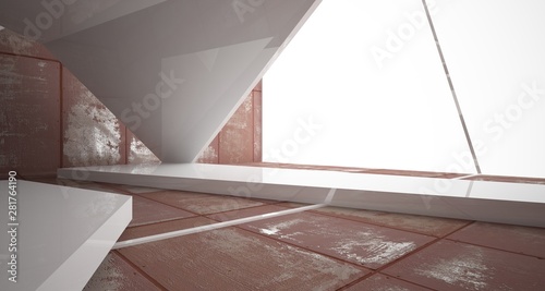 Empty abstract room white interior of sheets rusted metal . Architectural background. 3D illustration and rendering