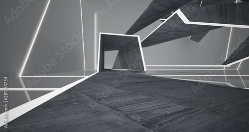 Abstract concrete and white interior with neon lighting. 3D illustration and rendering.