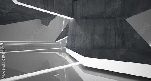 Abstract concrete and white interior with neon lighting. 3D illustration and rendering.