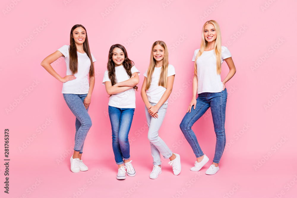 Fototapeta premium Full length photo of two small and two students ladies wear casual outfit isolated pink background