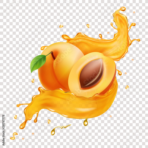 Apricot fruit in realistic juice splash illustration