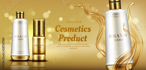 Cosmetics beauty product bottles mockup banner on gold background with liquid droplets splash. skin, hair or body care cosmetic advertising promo template for magazine. Realistic 3d vector ad banner