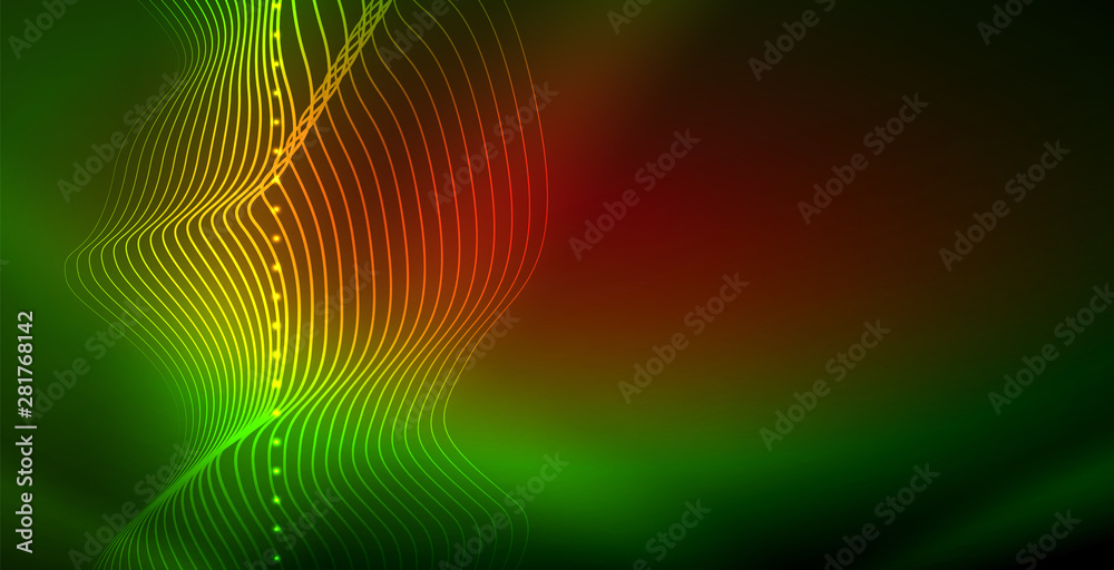 Glowing abstract wave on dark, shiny motion, magic space light. Techno abstract background