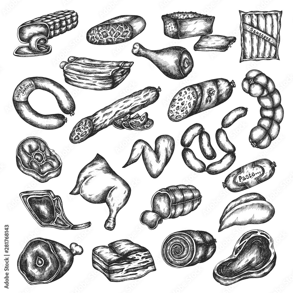 Hand drawn sketch meat products icon set Isolated on white background. Design elements for menu, butchery, restaurant, grill bar. Vector illustration in vintage style Beef, pork steak, chicken Hand drawn sketch meat products icon set Isolated on white background. Design elements for menu, butchery, restaurant, grill bar. Vector illustration in vintage style Beef, pork steak, chicken