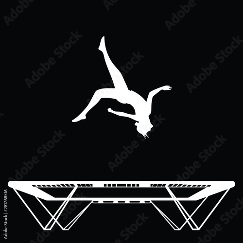 Contour of a young sportswoman doing backflip on a trampoline