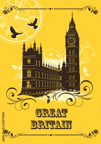 Great Britain. Set of abstract illustrations with london architecture. Vintage postcard. Big Ben. Palace of Westminster. Vector.