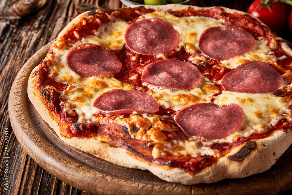 Crusty Italian pepperoni or salami pizza Crusty Italian pepperoni or salami pizza