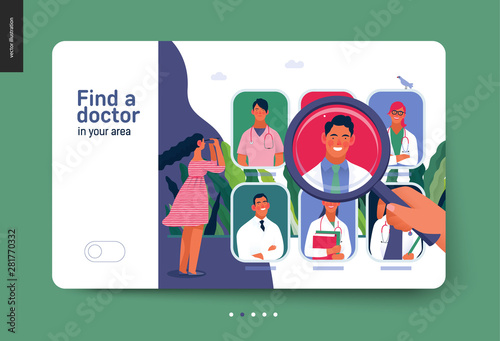 Find a doctor -medical insurance template -modern flat vector concept digital illustration - a hand with a magnifying glass, a woman with binocular, doctors portraits - a doctor searching metaphor