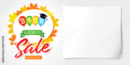 Back to school sale and colorful helium balloons on orange maple leaves. Special offer discount design for big board, back to school text in bubble on autumn leaves. Vector illustration