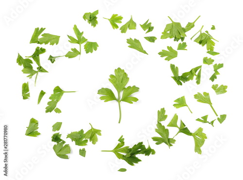 Fresh green parsley leaves isolated on white background  top view