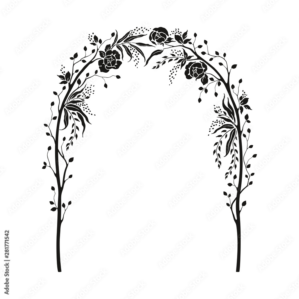 Elegant tender arch with flowers roses, tree branches and leaves. Vector illustration for
