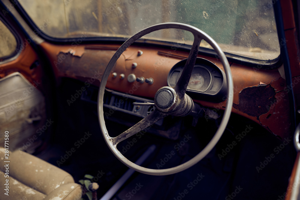 Interior of an old vintage car wreck