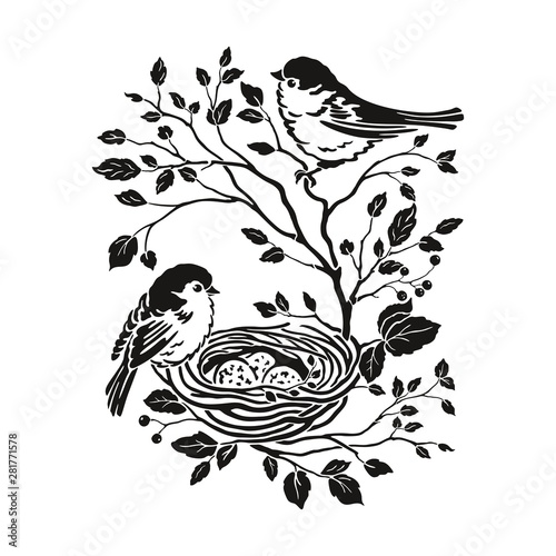 Floral decor with silhouettes family birds on branches tree with leaves and nest egg. Vector isolated illustration in vintage style for your design.