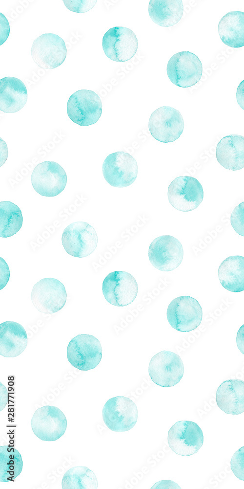 Seamless turquoise polka dot pattern isolated on white. Watercolor illustration.