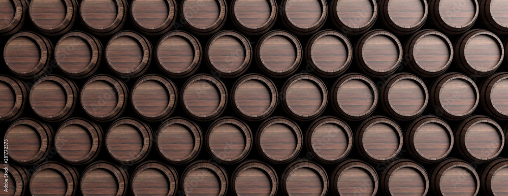 Wine, beer barrels stacked, brown color wood full background. 3d illustration Wine, beer barrels stacked, brown color wood full background. 3d illustration