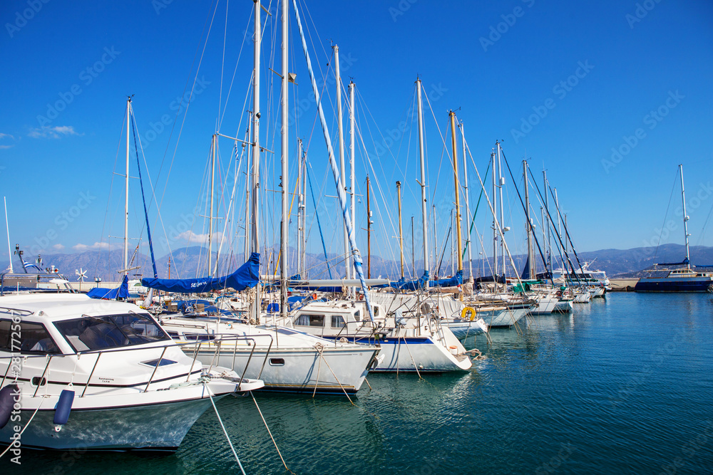 Beautiful yachts in the port of Agios Nikolaos, Mirabello Bay, Crete, Greece