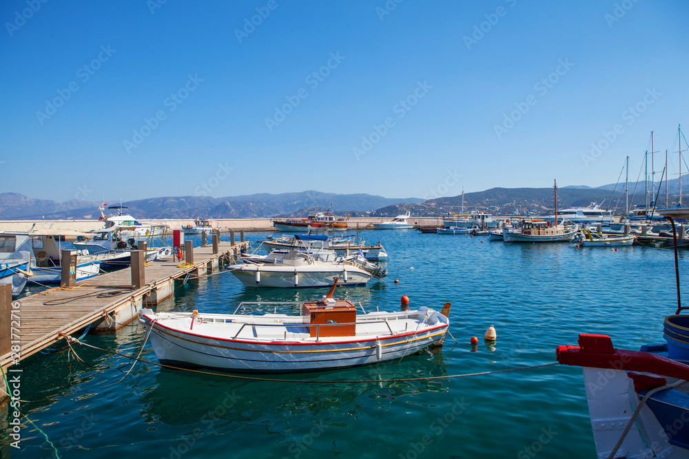 Beautiful yachts in the port of Agios Nikolaos, Mirabello Bay, Crete, Greece
