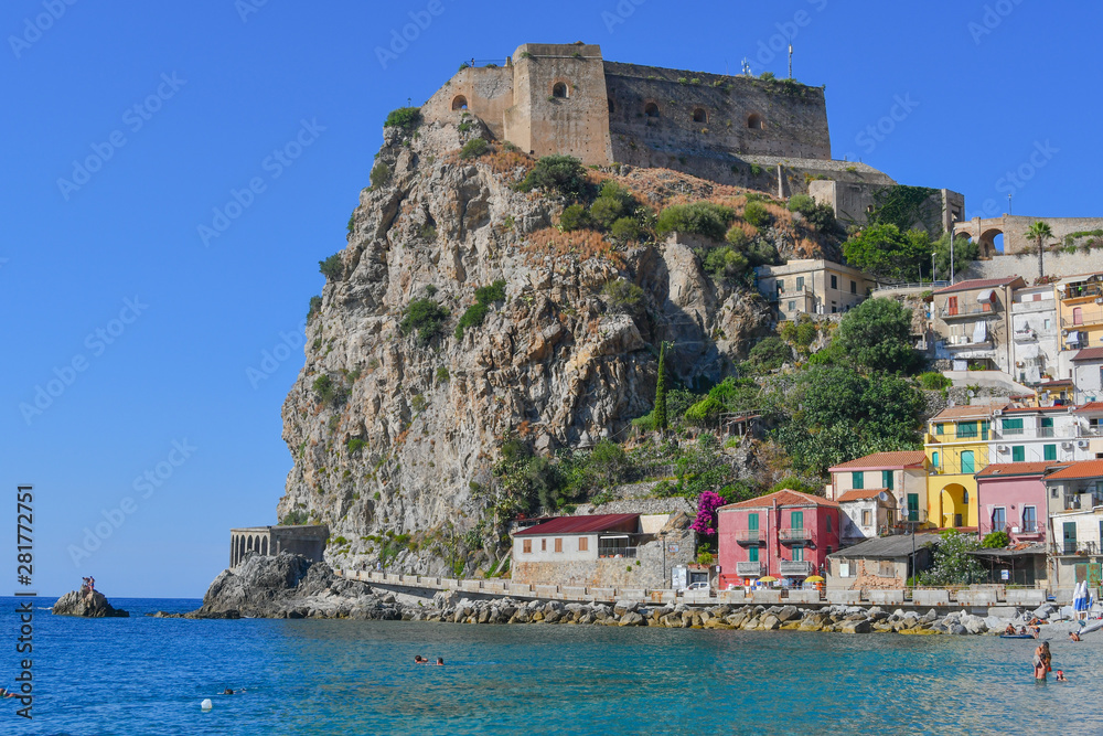 Castle and colored houses of Scilla in the south of Italy