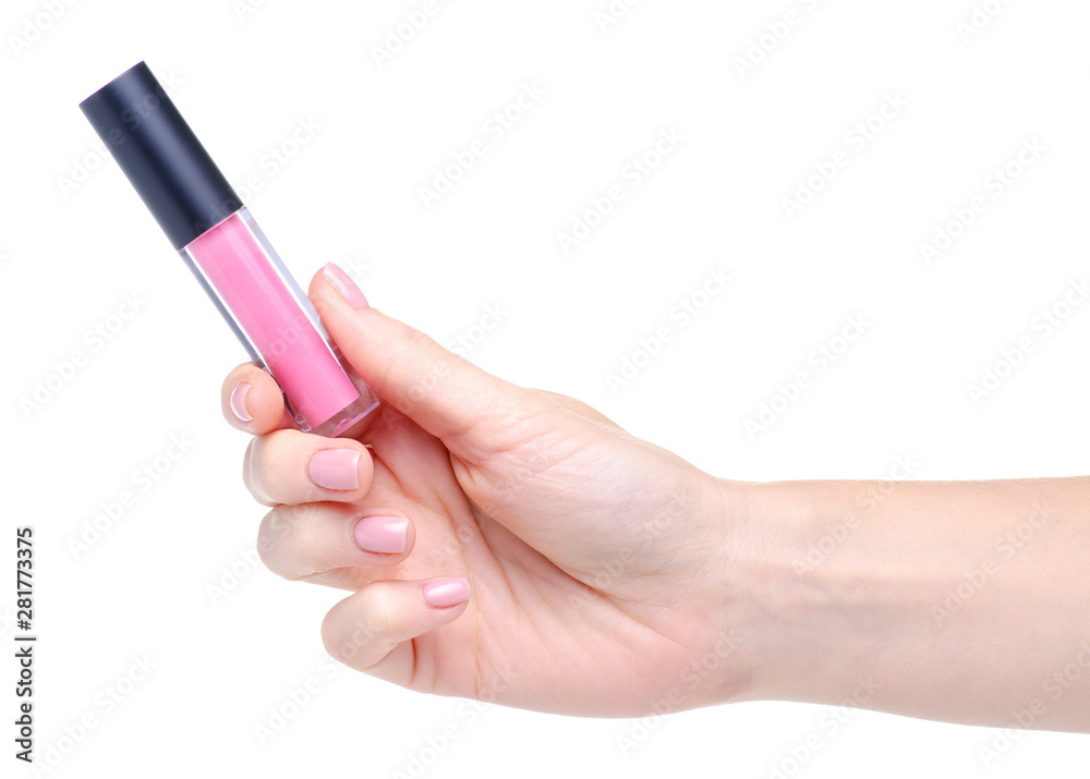 Pink lip gloss in hand beauty on white background isolation Pink lip gloss in hand beauty on white background isolation