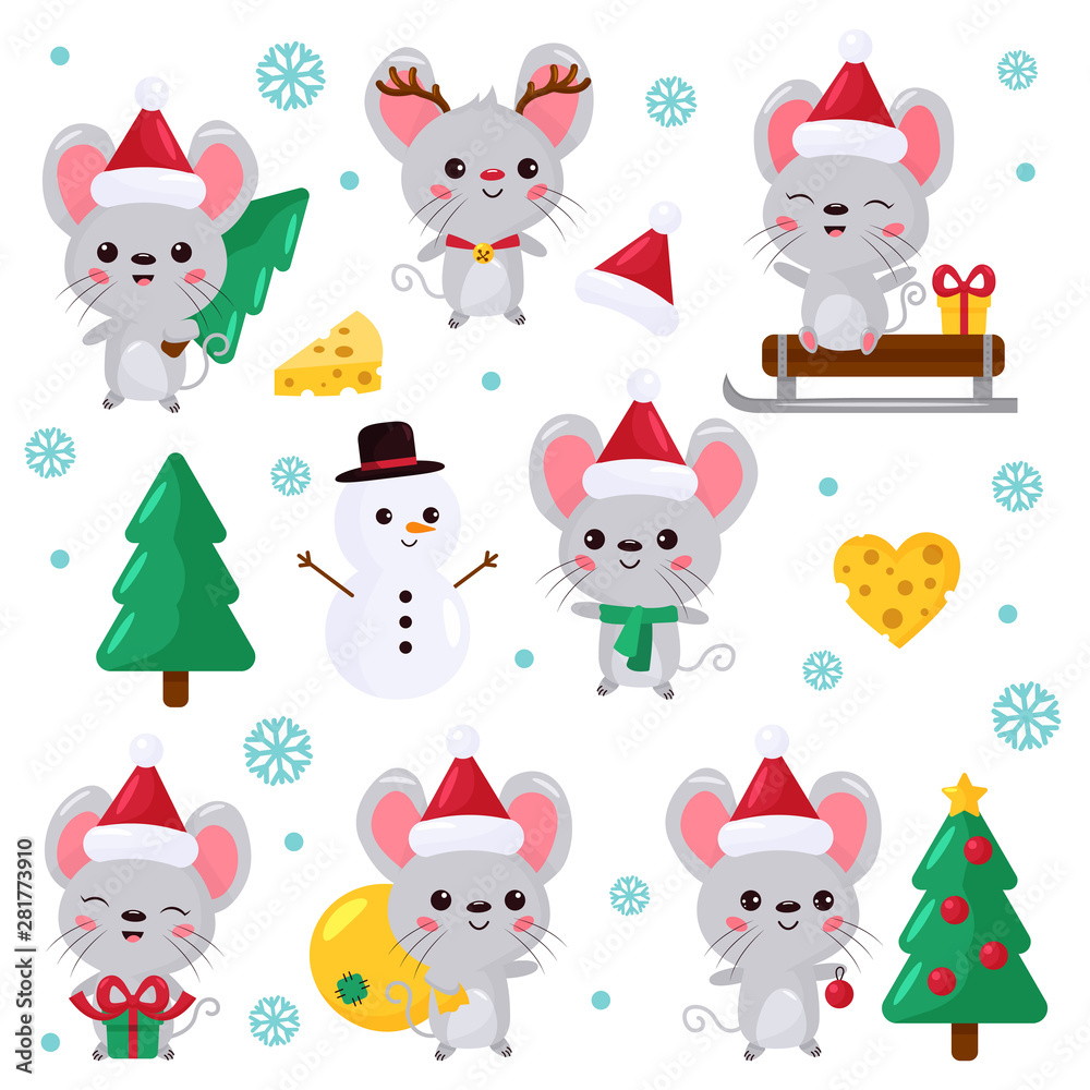 Vector set of kawaii mouse characters, Happy New year and Christmas. 2020 year symbol - rat. Mouse in different situations. Dressed up in Rudolph deer costume. Traditional elements of winter. Vector set of kawaii mouse characters, Happy New year and Christmas. 2020 year symbol - rat. Mouse in different situations. Dressed up in Rudolph deer costume. Traditional elements of winter.