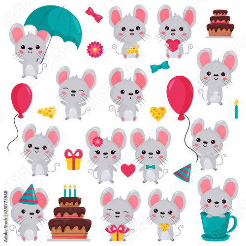 Fototapeta Naklejka Na Ścianę i Meble -  Cartoon Kawaii mouse characters set in different situations. Birthday cake. For nursery. Rat with cheese, gift, umbrella, balloon, in cup. Valentines day theme. Isolated on white background.